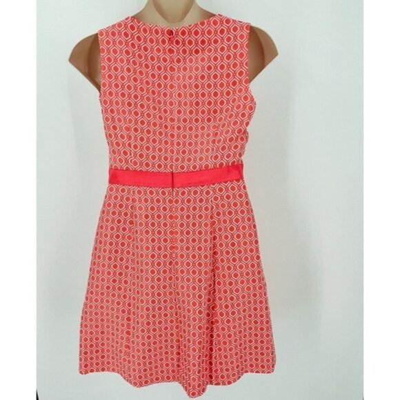 Tahari Arthur Levine Geometric Print Dress Size 8 Coral White Zip Close Ribbon - Picture 2 of 11